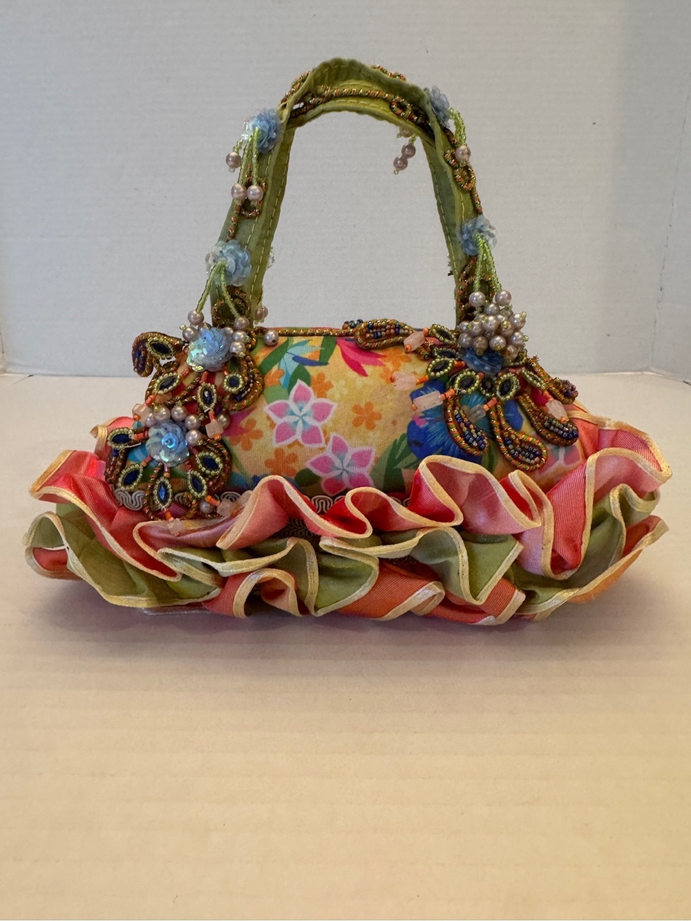 Mary Frances Floral Beaded Handbag Clutch Ruffled Small Pink Yellow Tropical